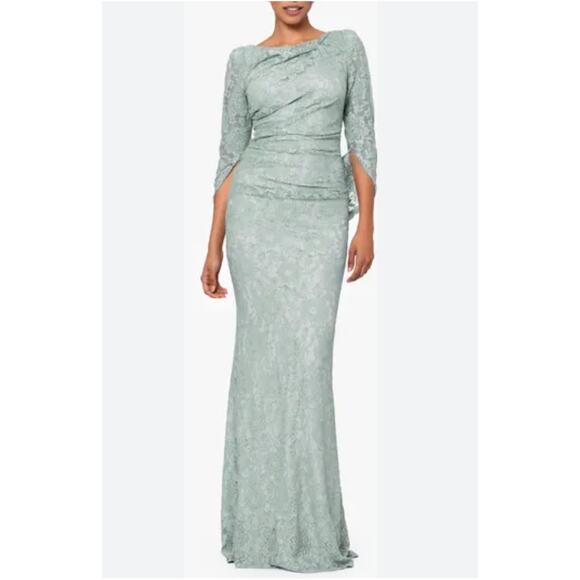 Betsy & Adam Metallic Lace Long Evening Gown Green Size 10P Draped Back Formal - Picture 11 of 13